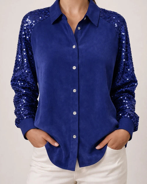 Women's Sequined Sleeve Patchwork Long Sleeve Velvet Oversized Velvet Shirt Top | JRSEE:808dc1b4-af91-4454-974c-7a65d5fa71fc
