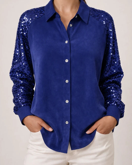 Women's Sequined Sleeve Patchwork Long Sleeve Velvet Oversized Velvet Shirt Top | JRSEE:808dc1b4-af91-4454-974c-7a65d5fa71fc
