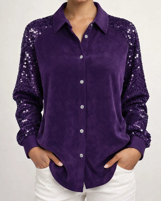 Women's Sequined Sleeve Patchwork Long Sleeve Velvet Oversized Velvet Shirt Top | JRSEE:42e82fd5-8d9f-49f3-8996-ab8137bdac02