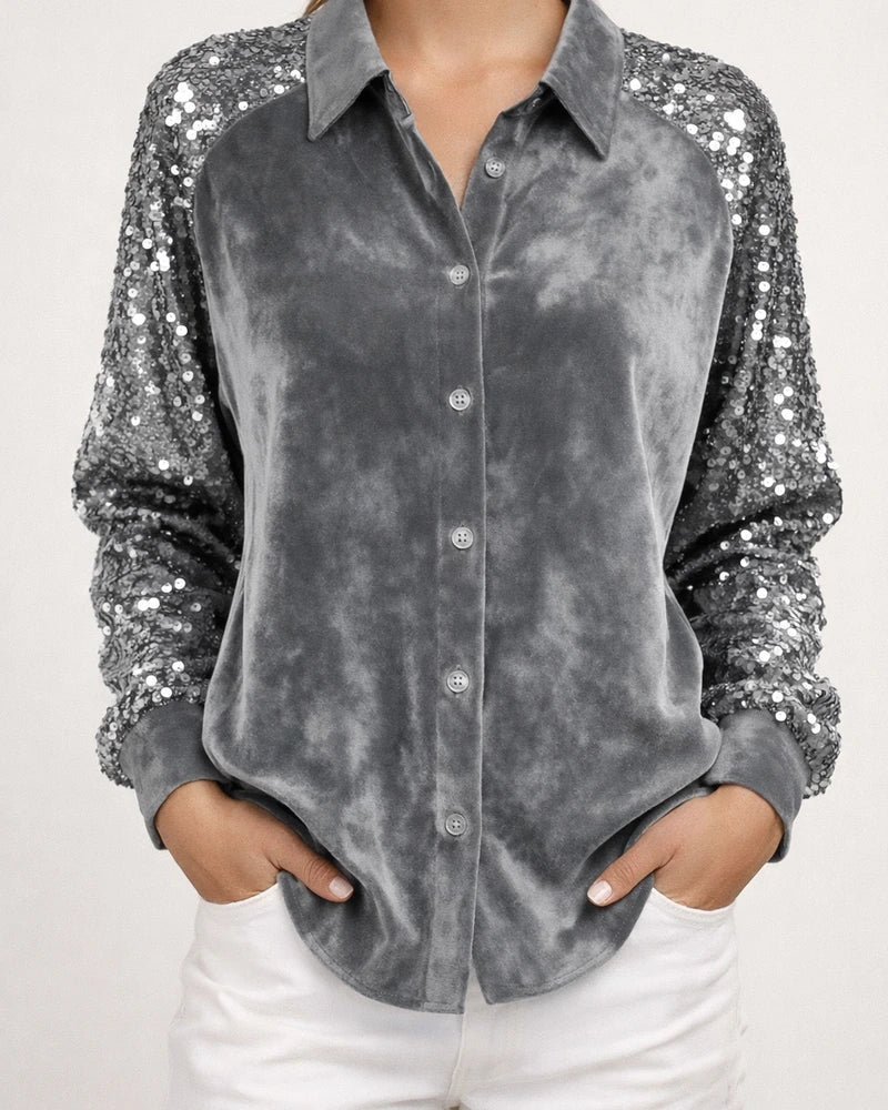 Women's Sequined Sleeve Patchwork Long Sleeve Velvet Oversized Velvet Shirt Top | JRSEE:6d1c1c41-fbd1-47f0-8737-1dba7cb9158d