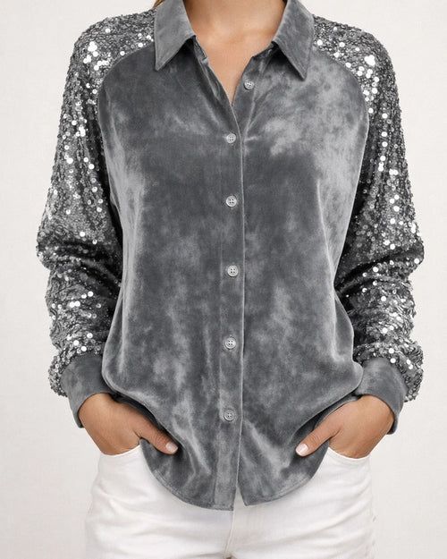 Women's Sequined Sleeve Patchwork Long Sleeve Velvet Oversized Velvet Shirt Top | JRSEE:6d1c1c41-fbd1-47f0-8737-1dba7cb9158d