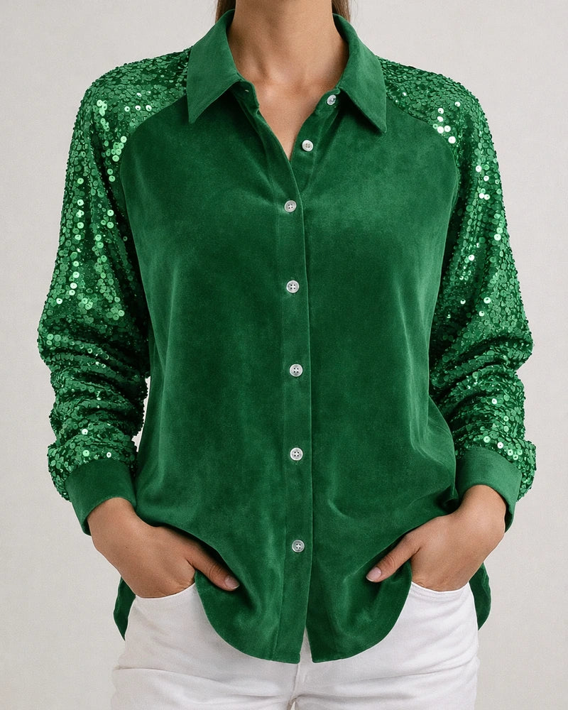 Women's Sequined Sleeve Patchwork Long Sleeve Velvet Oversized Velvet Shirt Top | JRSEE:996a89e6-efe4-4e5b-b88e-1c5ff4b6db86