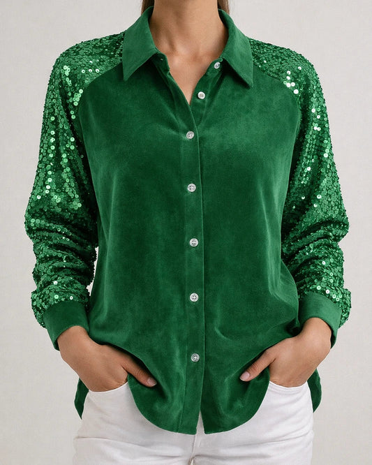 Women's Sequined Sleeve Patchwork Long Sleeve Velvet Oversized Velvet Shirt Top | JRSEE:996a89e6-efe4-4e5b-b88e-1c5ff4b6db86