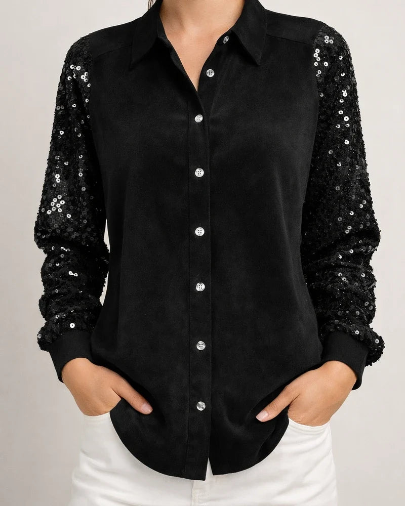 Women's Sequined Sleeve Patchwork Long Sleeve Velvet Oversized Velvet Shirt Top | JRSEE:a7c848b1-3340-490f-b448-ead4eae6ad7a