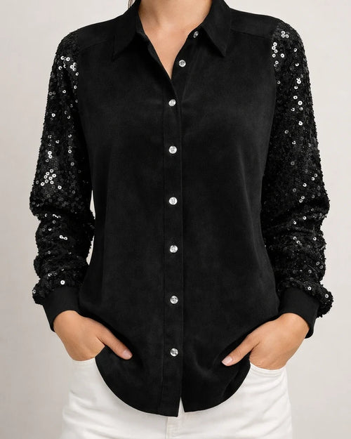 Women's Sequined Sleeve Patchwork Long Sleeve Velvet Oversized Velvet Shirt Top | JRSEE:a7c848b1-3340-490f-b448-ead4eae6ad7a