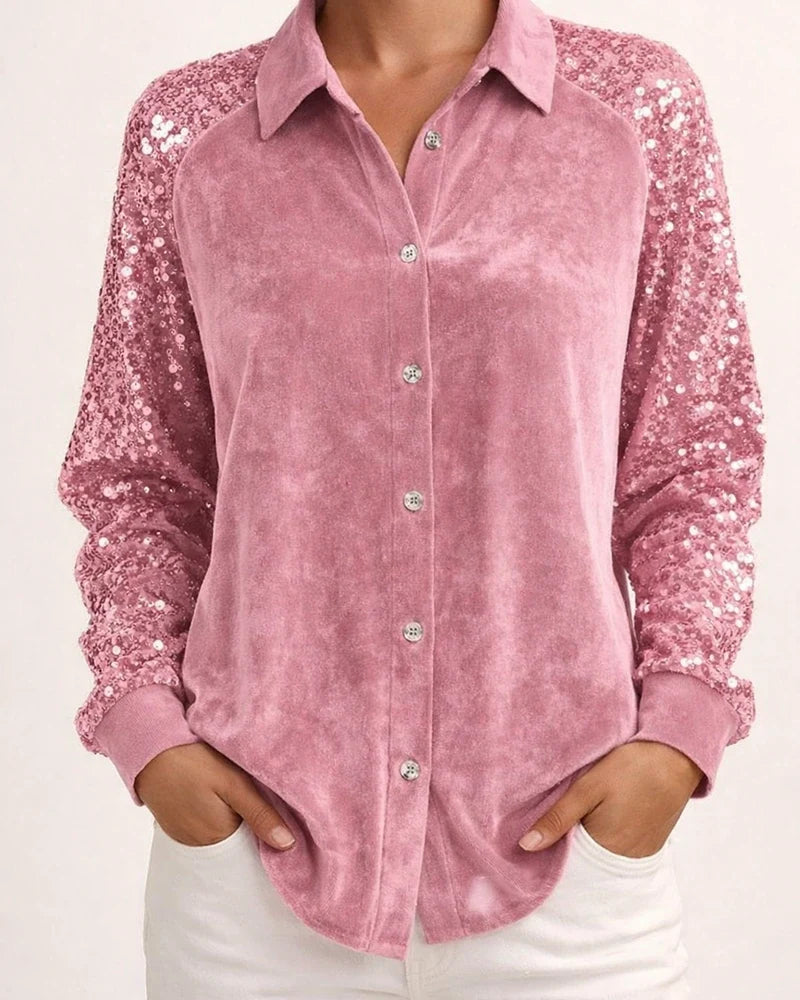 Women's Sequined Sleeve Patchwork Long Sleeve Velvet Oversized Velvet Shirt Top | JRSEE:dbbd3636-f7f5-43c2-8b31-2ea103fd6e76