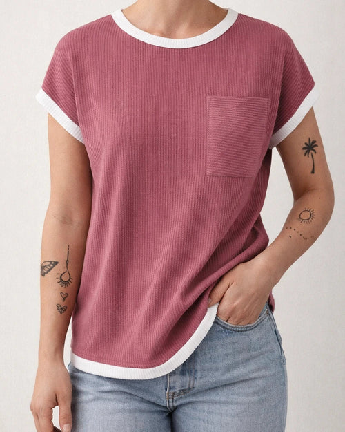 Women's Short-Sleeve Ribbed Knit T-Shirt - Spring/Summer Casual Top | JRSEE:0f60a8f0-760e-4c3e-b667-81c483f50f4f
