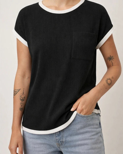 Women's Short-Sleeve Ribbed Knit T-Shirt - Spring/Summer Casual Top | JRSEE:99e32c91-cc8a-4b16-a727-fb0835b54a01
