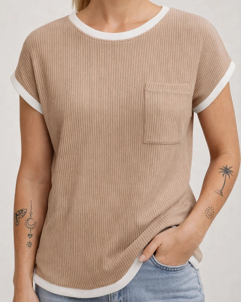 Women's Short-Sleeve Ribbed Knit T-Shirt - Spring/Summer Casual Top | JRSEE:bac953e4-33e9-48da-9c6f-c94650690d86