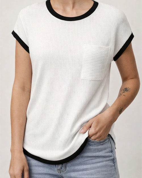 Women's Short-Sleeve Ribbed Knit T-Shirt - Spring/Summer Casual Top | JRSEE:c5c84cb9-73f8-4f6f-a699-644bc9ecf351
