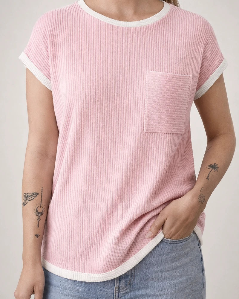 Women's Short-Sleeve Ribbed Knit T-Shirt - Spring/Summer Casual Top | JRSEE:bd236192-8c31-4af2-bf49-b78bc613aff1