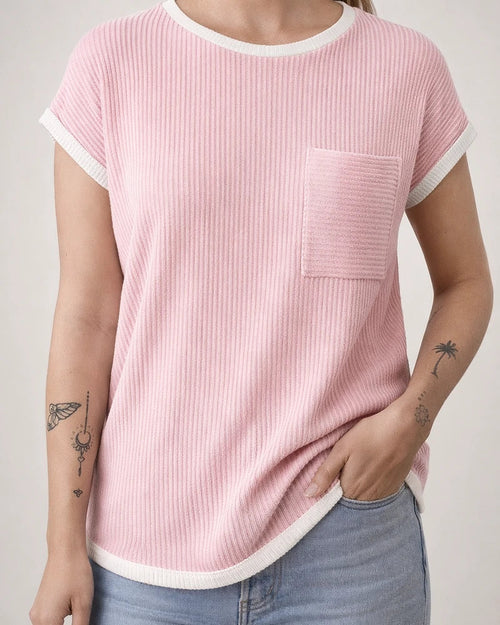 Women's Short-Sleeve Ribbed Knit T-Shirt - Spring/Summer Casual Top | JRSEE:bd236192-8c31-4af2-bf49-b78bc613aff1