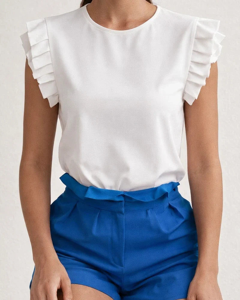 Women's Short-Sleeve Simple Round-Neck Pleated Blouse with Petal Sleeves | JRSEE:389a9894-f5a4-40e3-9f7f-c286842e1145