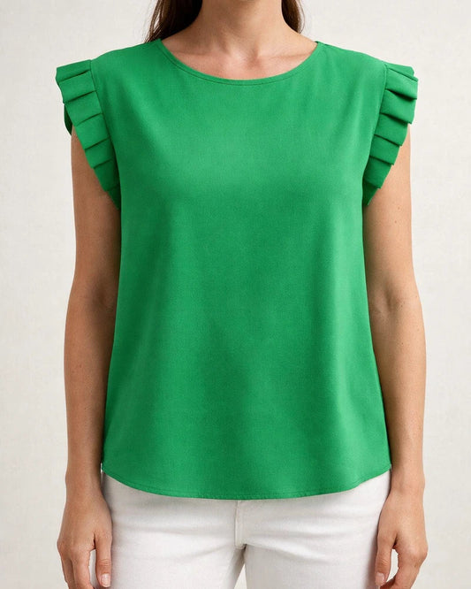 Women's Short-Sleeve Simple Round-Neck Pleated Blouse with Petal Sleeves | JRSEE:d6c8ac96-a67d-459d-8862-9a461ca7d300