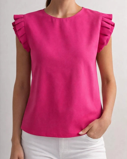 Women's Short-Sleeve Simple Round-Neck Pleated Blouse with Petal Sleeves | JRSEE:be2fd2b3-d5f1-4e12-9ec6-16f52fee50f0