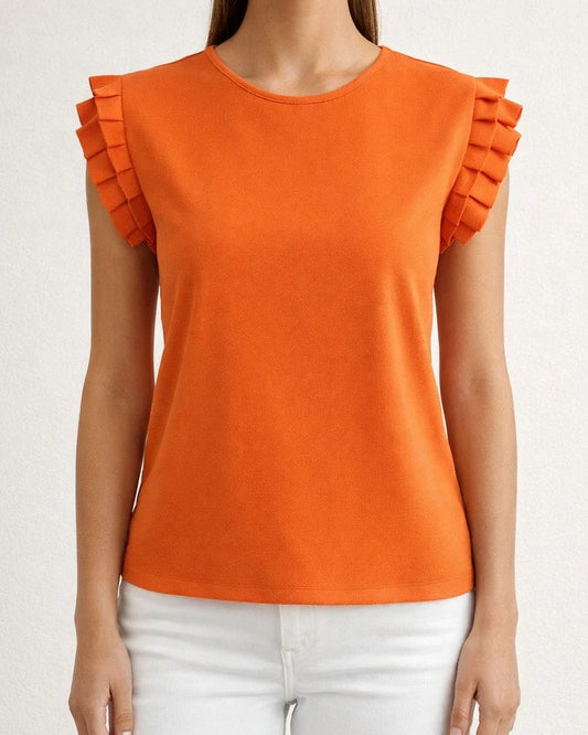 Women's Short-Sleeve Simple Round-Neck Pleated Blouse with Petal Sleeves | JRSEE:4b0602ca-754e-4e34-8572-68b06a6831f3