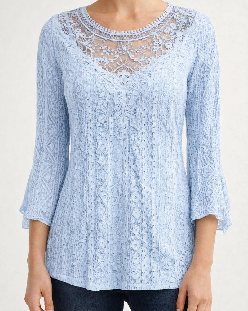 Women's Solid Color Comfortable Casual Skeleton See-through Lace Splicing Seven-quarter Sleeve Round Neck Blouse | JRSEE:b34d2705-cee2-4ad4-9240-420ae0d2fc4e