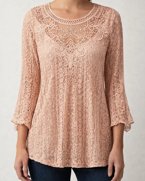 Women's Solid Color Comfortable Casual Skeleton See-through Lace Splicing Seven-quarter Sleeve Round Neck Blouse | JRSEE:7ae61def-9947-4f9b-93d9-83227966f09d