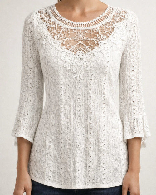 Women's Solid Color Comfortable Casual Skeleton See-through Lace Splicing Seven-quarter Sleeve Round Neck Blouse | JRSEE:5050b87b-0975-4641-b812-ebfc0ee1f6ea