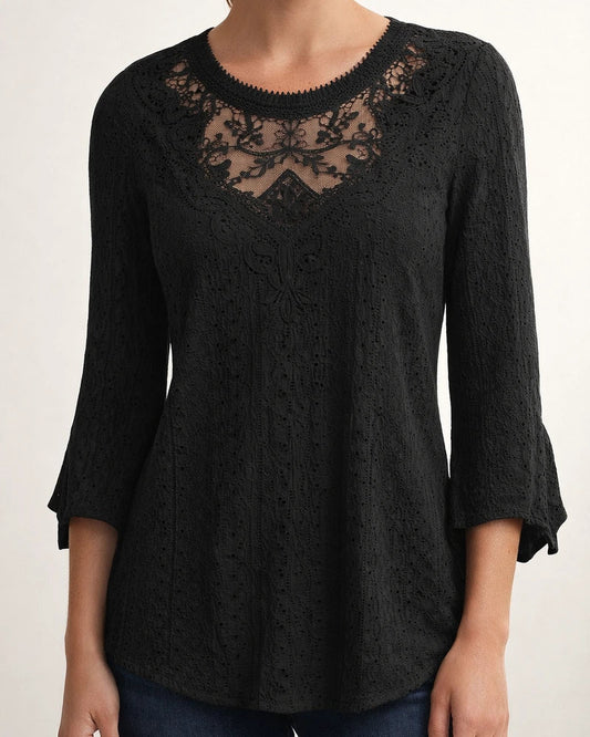 Women's Solid Color Comfortable Casual Skeleton See-through Lace Splicing Seven-quarter Sleeve Round Neck Blouse | JRSEE:74a208a1-9bd5-42be-8857-b33ed87eb297