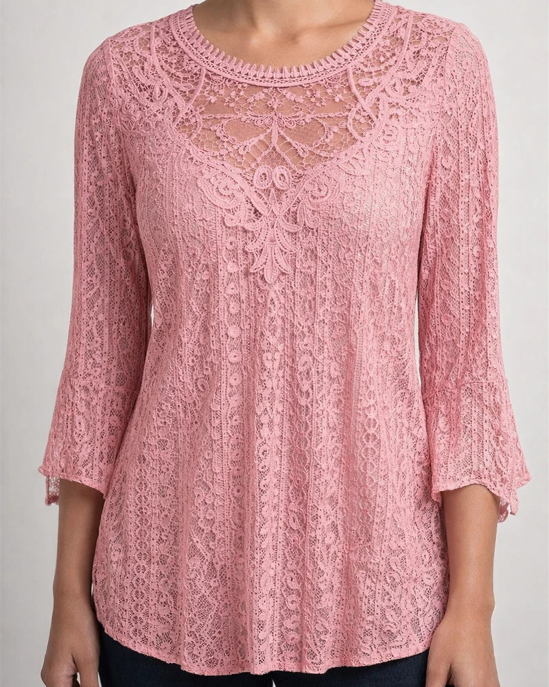 Women's Solid Color Comfortable Casual Skeleton See-through Lace Splicing Seven-quarter Sleeve Round Neck Blouse | JRSEE:0ed9932f-0120-4b17-9beb-67b20d2b4ad4