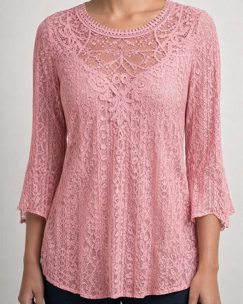 Women's Solid Color Comfortable Casual Skeleton See-through Lace Splicing Seven-quarter Sleeve Round Neck Blouse | JRSEE:0ed9932f-0120-4b17-9beb-67b20d2b4ad4
