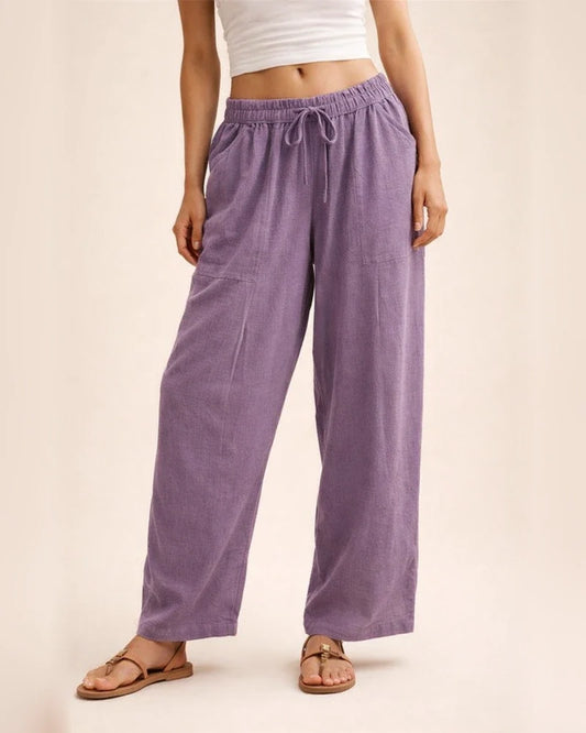 Women's Solid-Color Drawstring Cotton-Linen Blend Casual Loose-Fit Long Pants | JRSEE:cd30e6e3-54af-4a5b-8afd-dcdc07ac0a2f