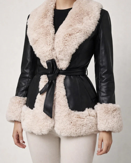 Women's Solid Color Imitation Rabbit Fur Fur One Lapel Splicing Long-sleeved Waist Temperament Commuting Warm Coat Coat | JRSEE:3607e38d-caa2-44f6-abb2-9fe258169779