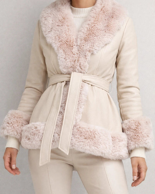 Women's Solid Color Imitation Rabbit Fur Fur One Lapel Splicing Long-sleeved Waist Temperament Commuting Warm Coat Coat | JRSEE:2879e335-148e-4717-ad01-1d22d2fc7a02