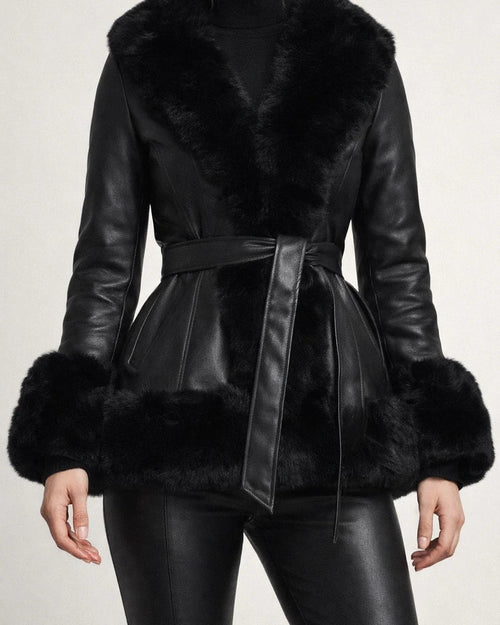 Women's Solid Color Imitation Rabbit Fur Fur One Lapel Splicing Long-sleeved Waist Temperament Commuting Warm Coat Coat | JRSEE:c2febedb-30c1-48f1-aaee-cf404b323ecd