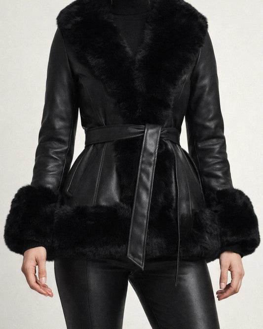 Women's Solid Color Imitation Rabbit Fur Fur One Lapel Splicing Long-sleeved Waist Temperament Commuting Warm Coat Coat | JRSEE:c2febedb-30c1-48f1-aaee-cf404b323ecd