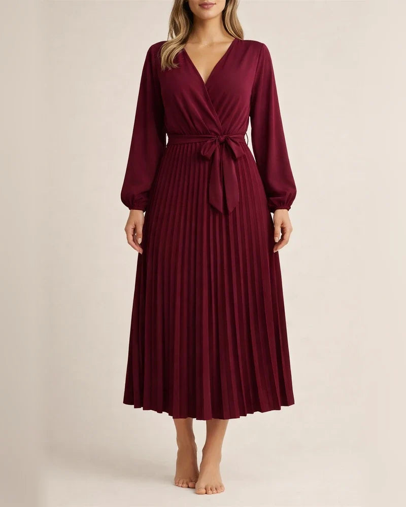 Women's Solid Color Long-sleeved Tie Temperament Cross V-neck Swing Pleated Long Dresses | JRSEE:fd657d1a-0778-41d4-8523-bc8570b541e1