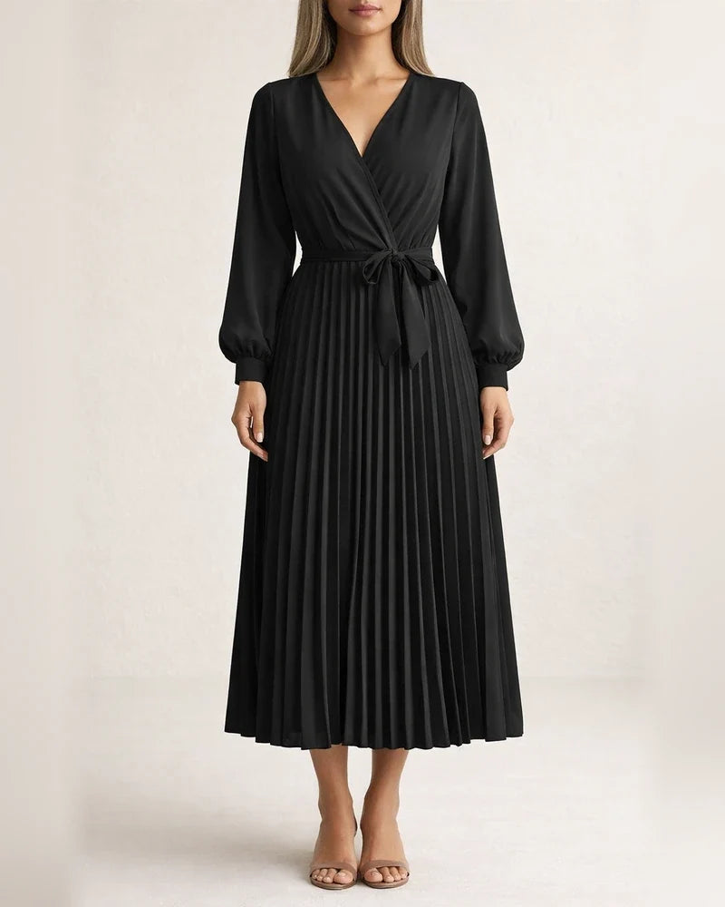 Women's Solid Color Long-sleeved Tie Temperament Cross V-neck Swing Pleated Long Dresses | JRSEE:10f2c70b-d582-4e64-8a13-f28fb64acf71