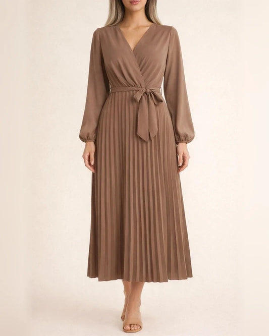 Women's Solid Color Long-sleeved Tie Temperament Cross V-neck Swing Pleated Long Dresses | JRSEE:5a5e8456-6c84-4ea1-abfd-6ff73000db3c