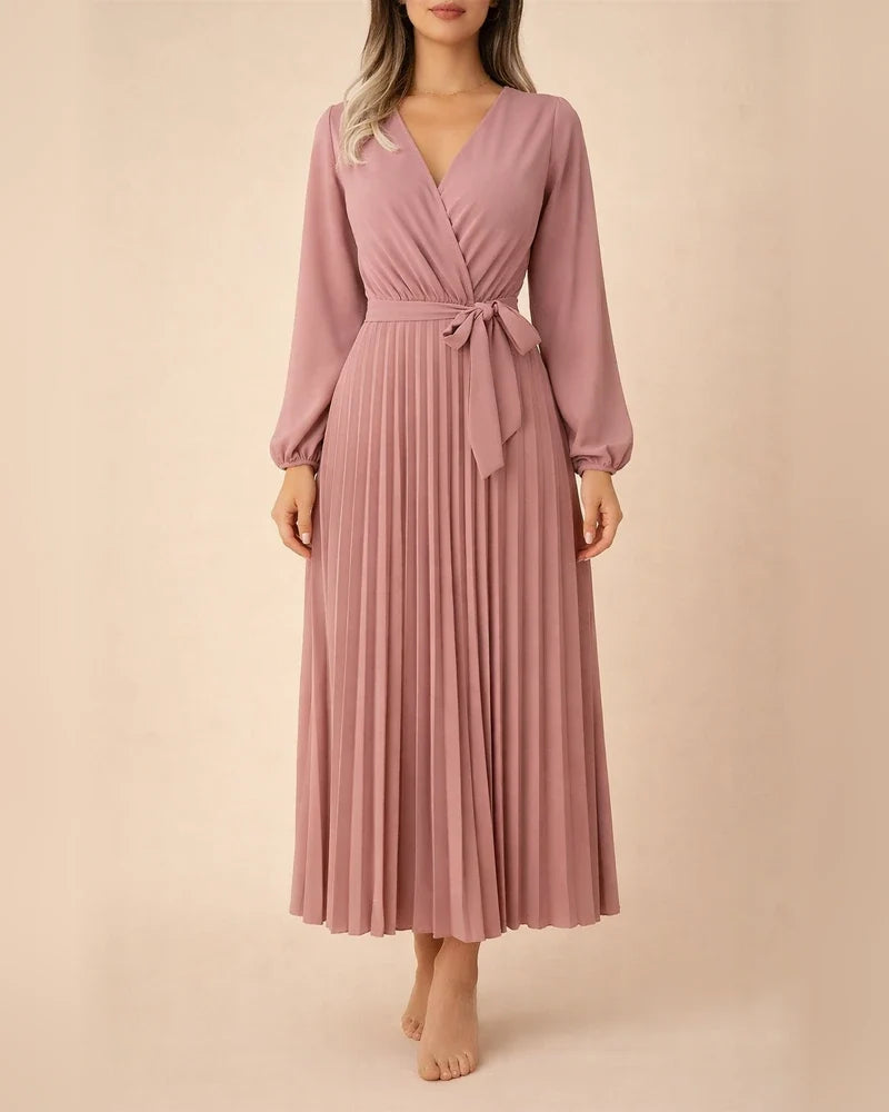 Women's Solid Color Long-sleeved Tie Temperament Cross V-neck Swing Pleated Long Dresses | JRSEE:e9ea4711-4226-43fa-ab1e-6fa230f8863a
