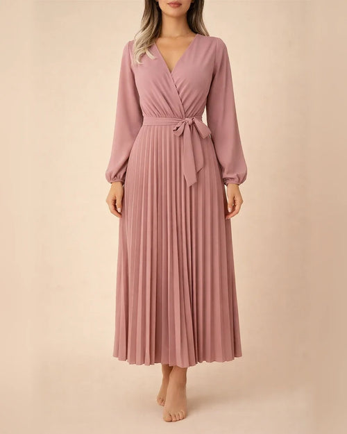 Women's Solid Color Long-sleeved Tie Temperament Cross V-neck Swing Pleated Long Dresses | JRSEE:e9ea4711-4226-43fa-ab1e-6fa230f8863a