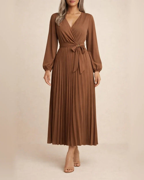 Women's Solid Color Long-sleeved Tie Temperament Cross V-neck Swing Pleated Long Dresses | JRSEE:d5b9c26a-4852-420a-a14f-9918312883fc