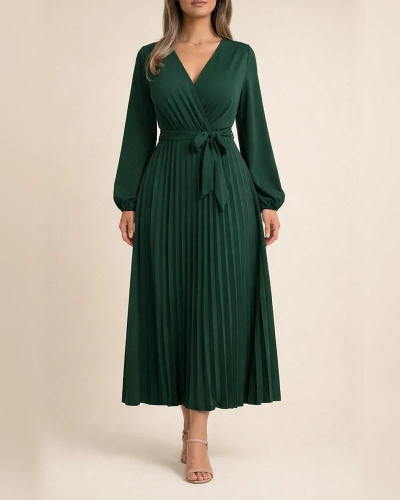 Women's Solid Color Long-sleeved Tie Temperament Cross V-neck Swing Pleated Long Dresses | JRSEE:19160569-ee1a-4435-b966-dd9469da7da9