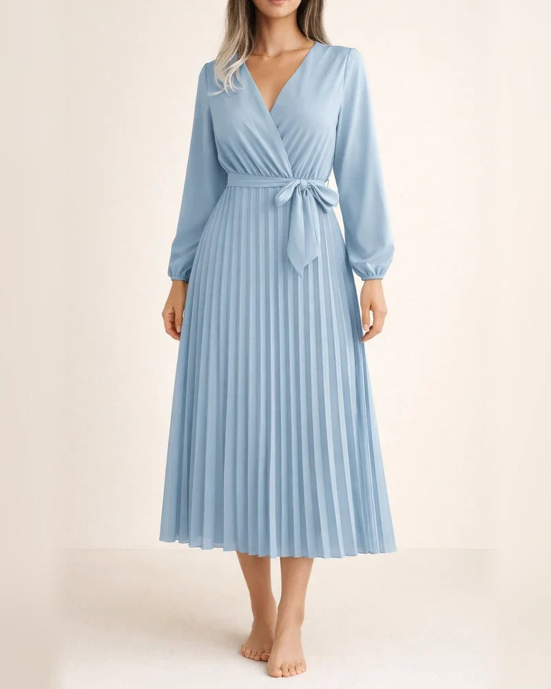 Women's Solid Color Long-sleeved Tie Temperament Cross V-neck Swing Pleated Long Dresses | JRSEE:a05fb7ff-e649-4718-96ab-45a222d23d50