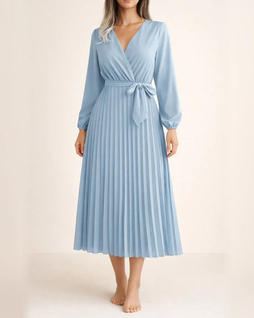 Women's Solid Color Long-sleeved Tie Temperament Cross V-neck Swing Pleated Long Dresses | JRSEE:a05fb7ff-e649-4718-96ab-45a222d23d50