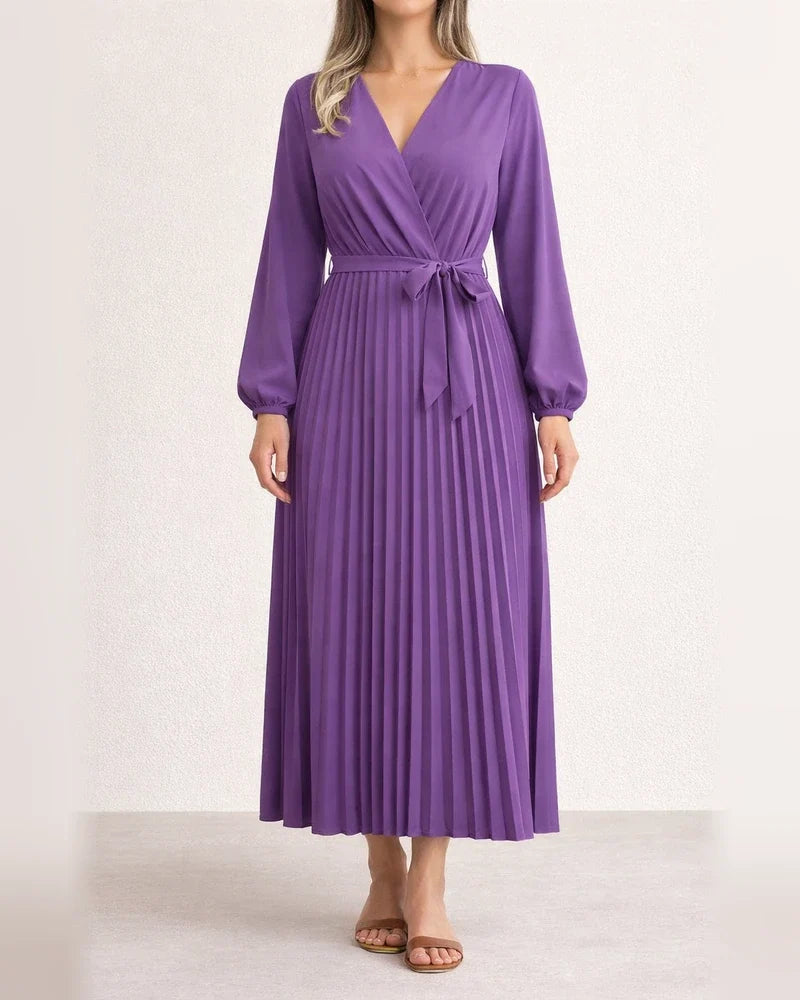 Women's Solid Color Long-sleeved Tie Temperament Cross V-neck Swing Pleated Long Dresses | JRSEE:5302afbc-c6bf-4dee-8be0-cb2a1e02ead9