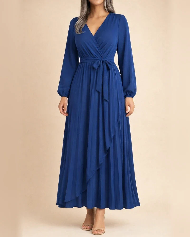 Women's Solid Color Long-sleeved Tie Temperament Cross V-neck Swing Pleated Long Dresses | JRSEE:2153d532-5ac6-42df-a064-9203761c1836
