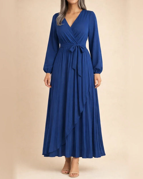 Women's Solid Color Long-sleeved Tie Temperament Cross V-neck Swing Pleated Long Dresses | JRSEE:2153d532-5ac6-42df-a064-9203761c1836
