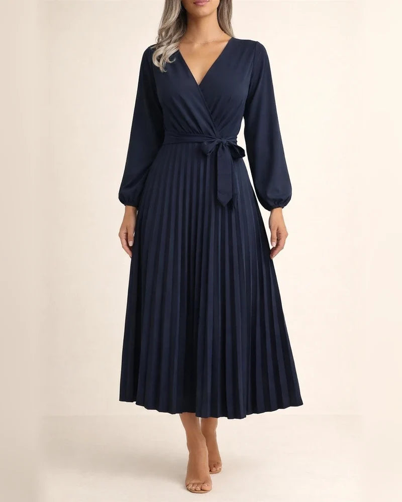 Women's Solid Color Long-sleeved Tie Temperament Cross V-neck Swing Pleated Long Dresses | JRSEE:ffb2bbb1-9d4a-4644-8d11-94add910fd96