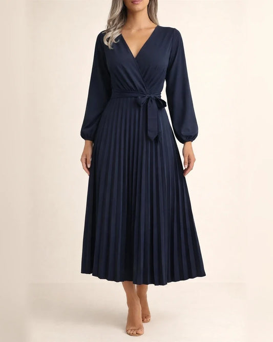 Women's Solid Color Long-sleeved Tie Temperament Cross V-neck Swing Pleated Long Dresses | JRSEE:ffb2bbb1-9d4a-4644-8d11-94add910fd96