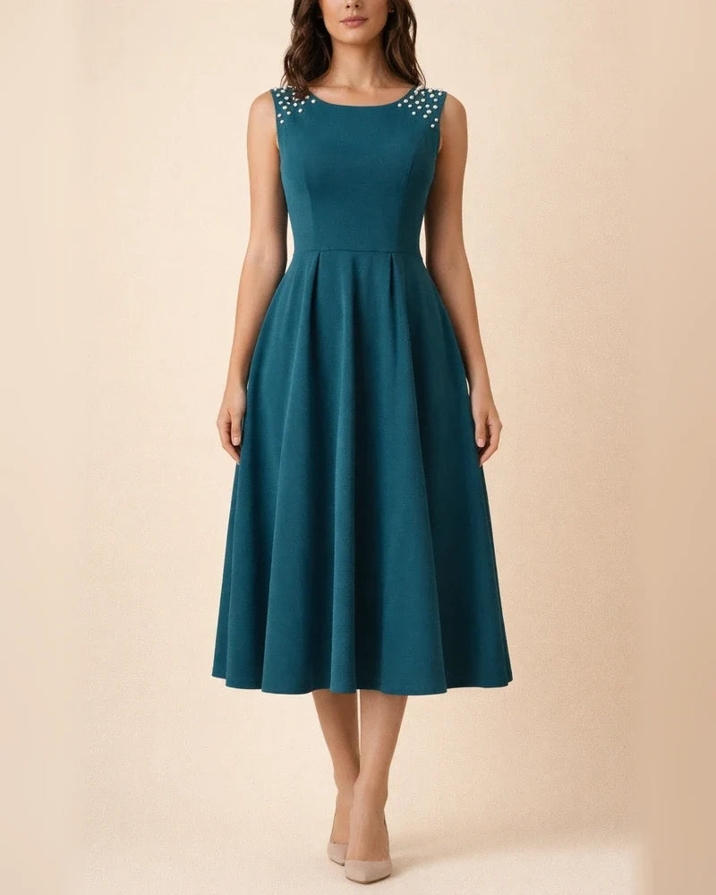Women's Solid Color Slim Round Neck Beaded Sleeveless Dress Red Black Blue S M L XL | JRSEE:c4176f96-865a-4089-995f-f10e54521ab9