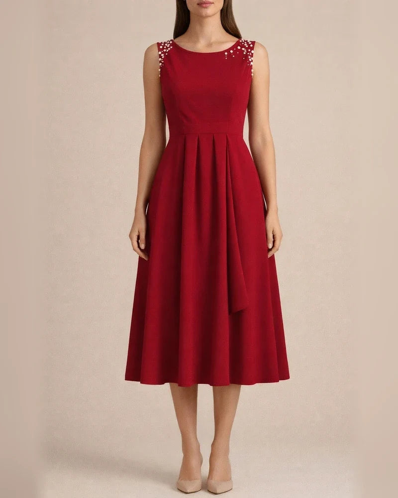 Women's Solid Color Slim Round Neck Beaded Sleeveless Dress Red Black Blue S M L XL | JRSEE:5b684842-7c44-474e-803d-c97a83684bee