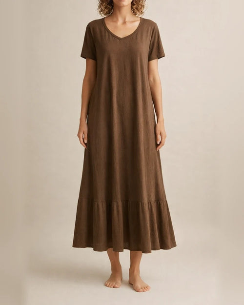 Women's Solid Color V-neck Lace-up Short Sleeve A-line Long Dress Red Blue Black Dark Brown | JRSEE:c8a72f65-c8dc-44a4-9792-676ca1907b27