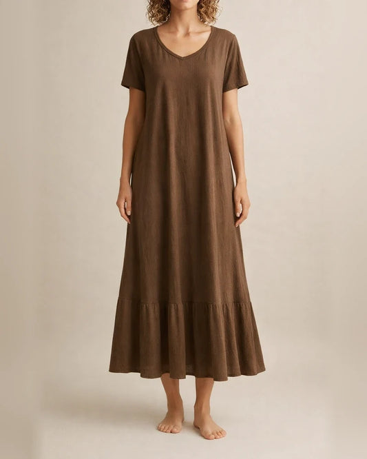Women's Solid Color V-neck Lace-up Short Sleeve A-line Long Dress Red Blue Black Dark Brown | JRSEE:c8a72f65-c8dc-44a4-9792-676ca1907b27