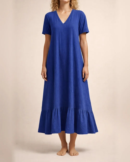 Women's Solid Color V-neck Lace-up Short Sleeve A-line Long Dress Red Blue Black Dark Brown | JRSEE:ca575339-06f4-4755-b3ce-44f11dc2fd94